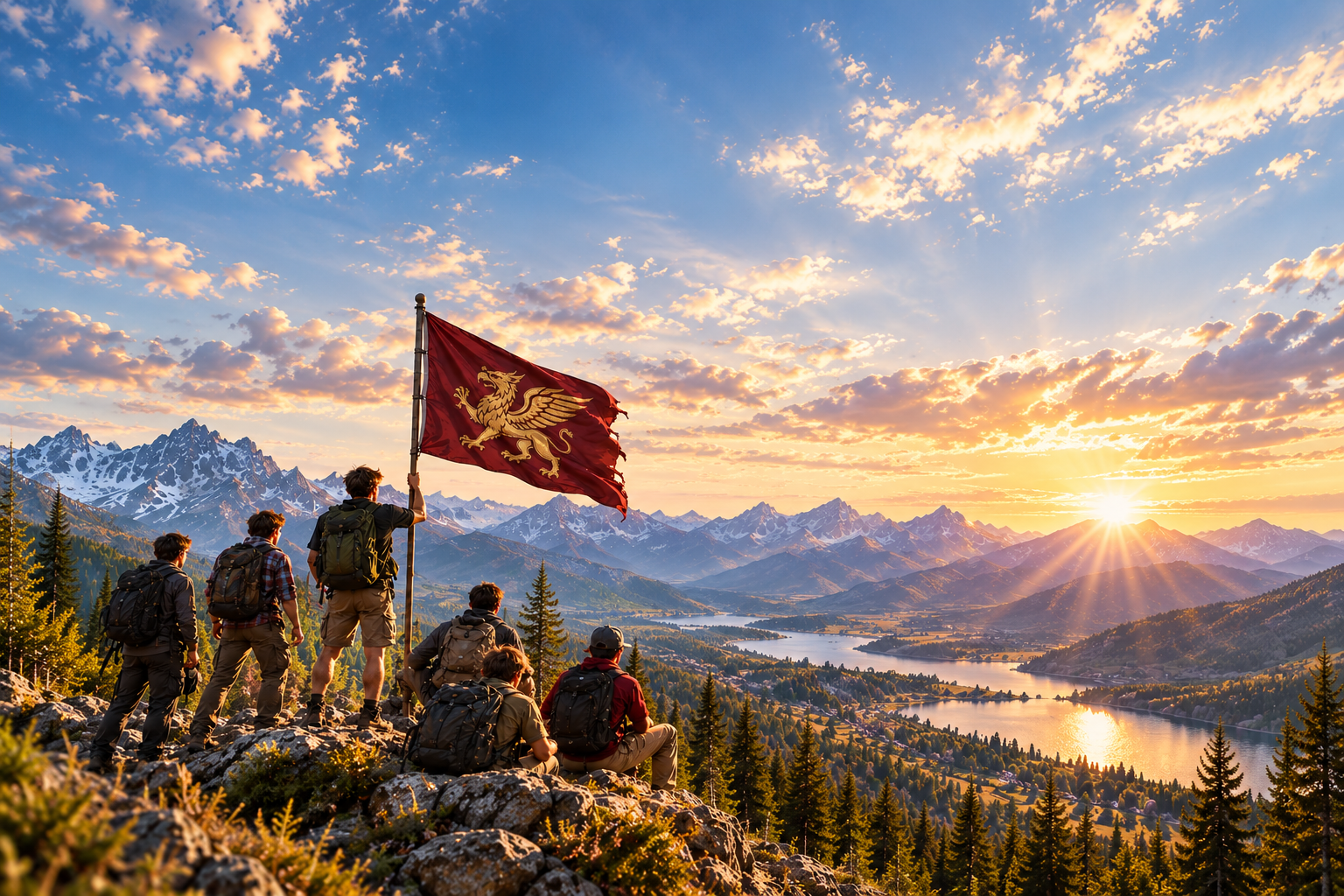 golden hour hikers beneath the griffin flag